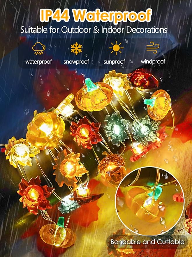 Fall Decor 3D Pumpkin Acorn Maple Leaf Fairy Lights Battery Operated Remote | 10FT 30 LED, 8 Modes & Timer, IP44 Waterproof Twinkle String Lights for Indoor Outdoor Harvest Thanksgiving Halloween Decor
