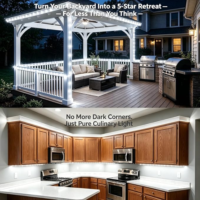 33ft Daylight LED Strip Light Waterproof | Flexible flat design. Connectable. 50,000hr lifespan. Ideal for home, garden, patio, party, Christmas decoration.