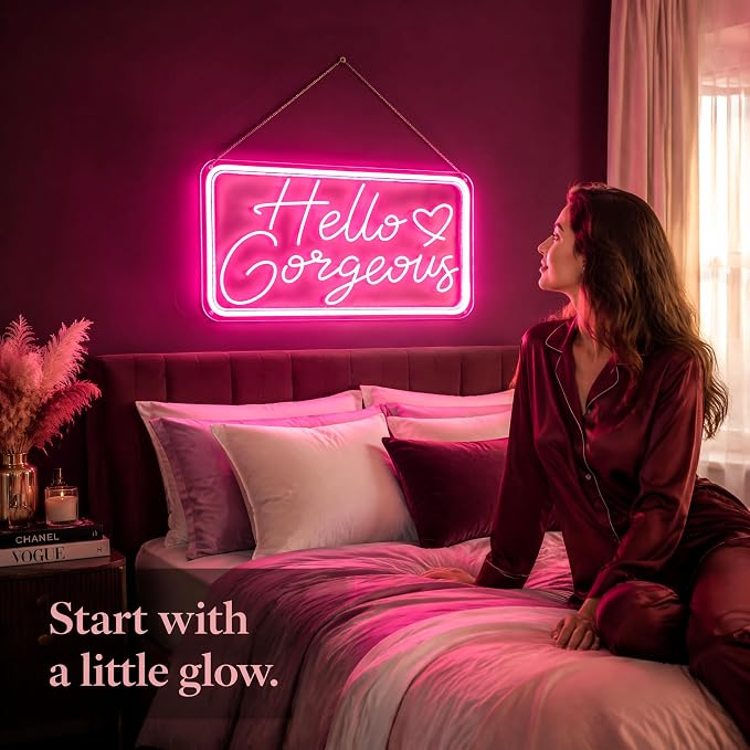 "Hello Gorgeous" Pink LED Neon Sign – Dimmable Motion Sensor Light Up Signs for Wall Decor,USB Powered Acrylic Neon Signs for Bedroom, Girls Room, 16.5"x9", Pink Light