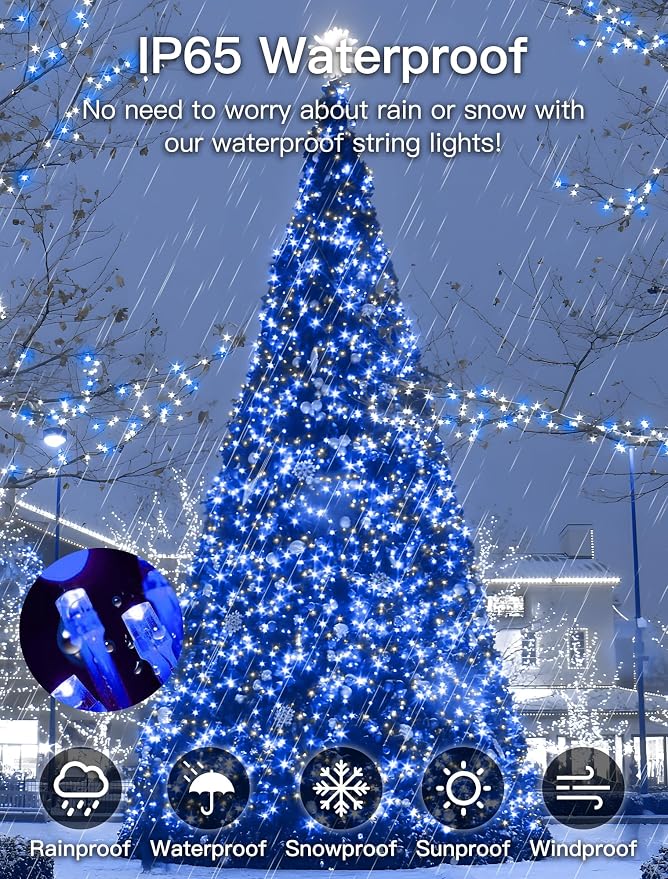 33FT 100 LED White Blue Christmas Fairy Twinkle String Lights Indoor | 8 Modes with Memory, Connectable, IP65 Waterproof, Transparent Wire, Up to 5 Sets, Widely use for Classroom, Bedroom, dorm