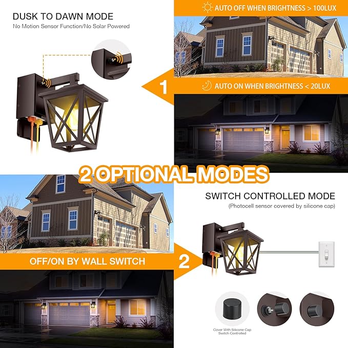 Ehaho Porch Lights with Outlet, Dusk to Dawn Outdoor Light Built-in, Waterproof Anti-Rust Lantern Outside Light with GFCI Outlet, Wall Sconce Light with Plug for Front Door (Brown 1 PC) (Pack of 2)