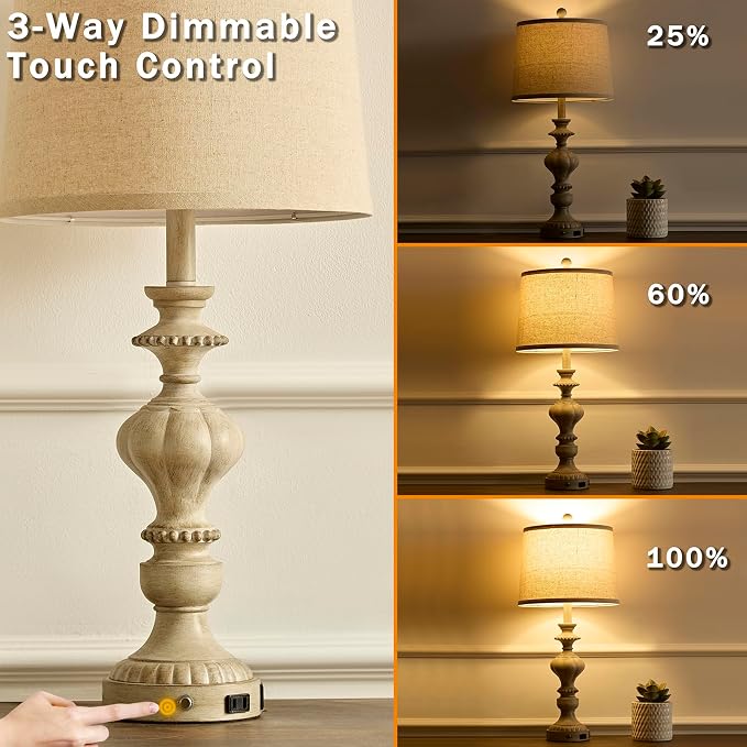 SAIWEYA 27.5" Farmhouse Table Lamps Set of 2, 3 Way Dimmable Touch Lamps | Touch Control, Dimmable, USB C+A Ports & AC Outlet, Bulbs Included, Bedside Nightstand Lamp for Living Room, Bedroom