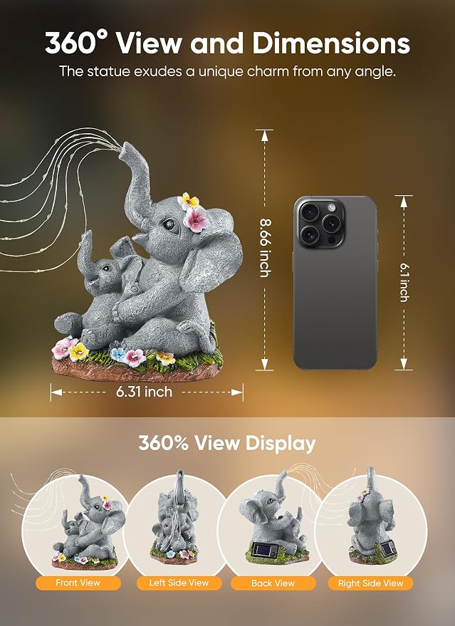 Brightown Solar-Elephant-Garden-Decor-Statue with Succulent & Watering LED Lights, Waterproof Outdoor Decor for Patio, Lawn, Balcony & Yard Decorations Outdoor, Unique Mothers Day Gifts for Mom Women