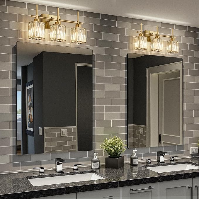Torondo Modern Crystal Bathroom Vanity Light 3-Light Brushed Gold Bathroom Light Fixtures Over Mirror Brushed Gold Vanity Lighting Fixtures Square Shade Brass Wall Sconce (Bulbs Not Include)