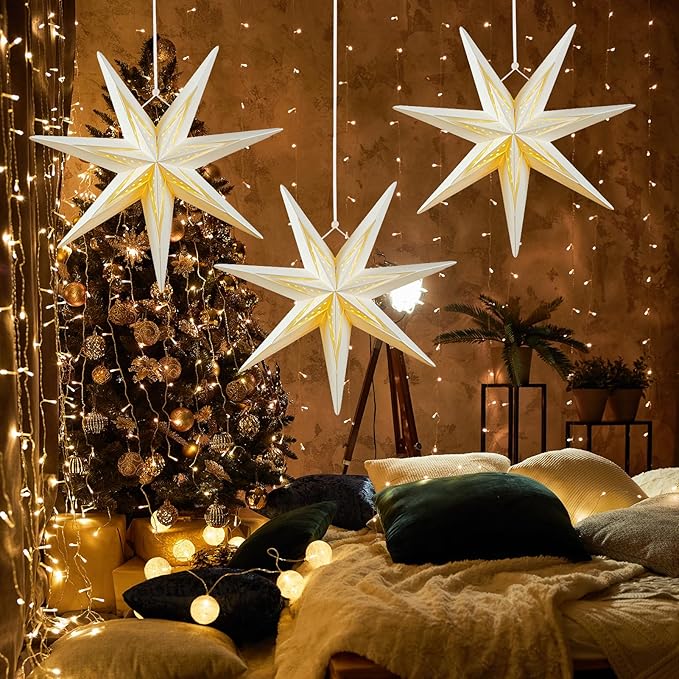 SUNBEAUTY 7-Pointed 12Inch Hollow Out Paper Star Lanterns White Christmas Lanterns Hanging Lamp Paper Decorations Shade Wedding Birthday Christmas Home Party Decorations