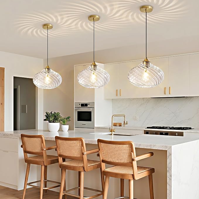 11in Gold Pendant Lights Kitchen Island with Clear Glass Shade 2Pack | Handcrafted Glass Pendant Light Fixtures, UL Certified, E26 Base 100W Max, Height-Adjustable, Dimmable Hanging Pendant Light