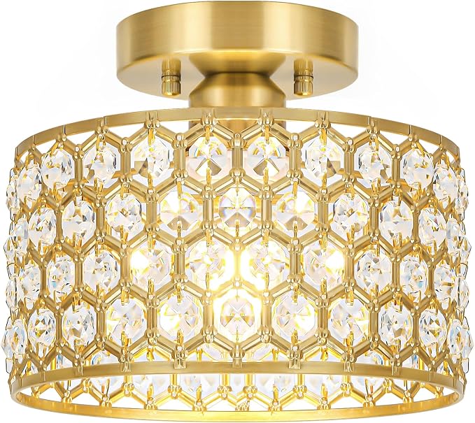 Lxybcce Gold Crystal Ceiling Light Fixture - Modern Semi Flush Mount Ceiling Chandelier Lighting for Hallway, Kitchen & Foyer | Dazzling Prism Chandelier with Easy Installation,1 Light, 9 in