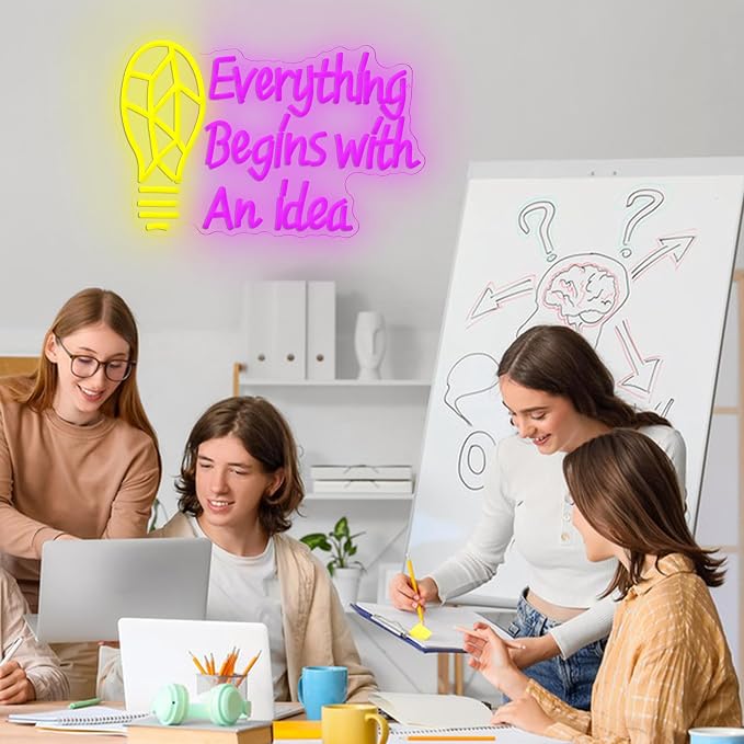 LISIGNVE Inspirational Light Bulb Neon Sign Everything Begins With An Idea LED Neon Light Wall Art for Classroom Creative Room Office Bedroom Cafe Motivational Gift for Student Entrepreneurs Writers Artists