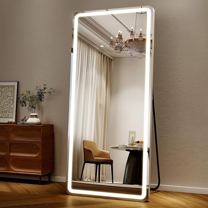 Easly 26x68 inch Full Length Mirror with Lights, LED Lighted Floor Standing, Hanging Mirror Full Length with Stand Free, Full Body Dressing Mirrors with Dimmable 3 Color LED
