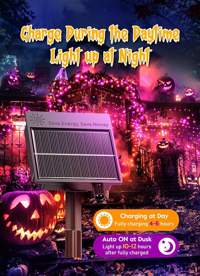 240 LED Solar Halloween Lights Outdoor Waterproof IP65, 20FT 8 Light Modes | Halloween Solar Lights Outdoor Solar Halloween String Lights Outdoor Twinkle Fairy Light Garland Decorations, Orange Purple