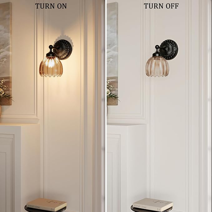 Battery Operated Wall Sconce, Vintage Wall Light, 2 Pack, Amber Tulip Glass | Black Metal Base, 5200mAh Rechargeable, Dimmable LED, Remote Control, Cordless, Bedside, Bedroom, Doorway, Living Room