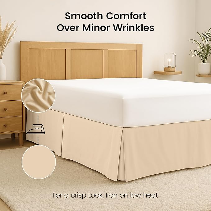 King Bed Skirt, Hides Under-Bed Storage 16 Inch Drop, Pleated, Beige | Easy Fit Design, Shrinkage & Fade Resistant, Hotel Style, Microfiber Durable Fabric, Machine Washable