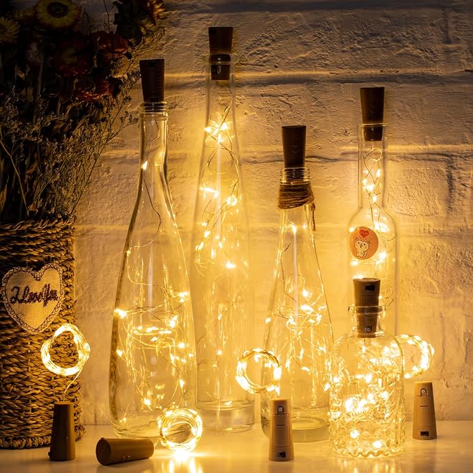 Brightown 10 Pack 7ft Battery Operated Wine Bottle Lights with Cork | 20 LED Bulbs, Warm White Glow, Waterproof, Flexible Silver Wire, Lovely for Liquor Bottles DIY Party Christmas Wedding Décor