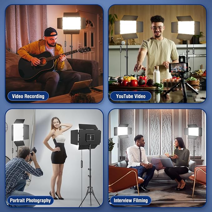 2 Pack LED Video Light Kit with Barn Door, Kewaiaa 30W Photography Light Panel with Stand, 3000Lux 2500K-8500K Dimmable Studio Lights for Video Recording/Filming/Photoshoot Shooting/Live Streaming