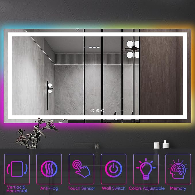 Antok 60x28 LED Bathroom Mirror with Lights, Backlit + Front Lit Vanity Mirror with CRI>90, Dimmable Anti-Fog Smart Mirror with Memory Function, 11 Color Temperatures, Shatterproof Tempered Glass, ETL