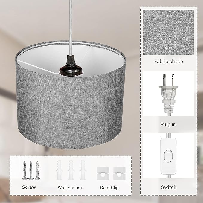 15FT Plug in Pendant Light, Hanging Lamp with Switch,Gray Hanging Lights with Plug in Cord, Pendant Lamp with Remote Control，Pendant Light Fixture for Living Room Bedroom Farmhouse