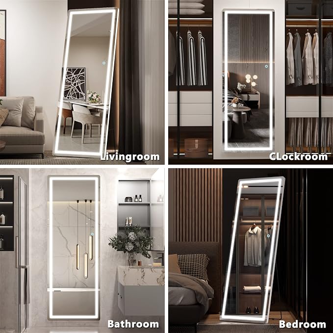 Hasipu Full Length Mirror with Lights, 65" x 22" LED Floor, Full Body Dressing Standing, Hanging Mounted Mirror, Round White