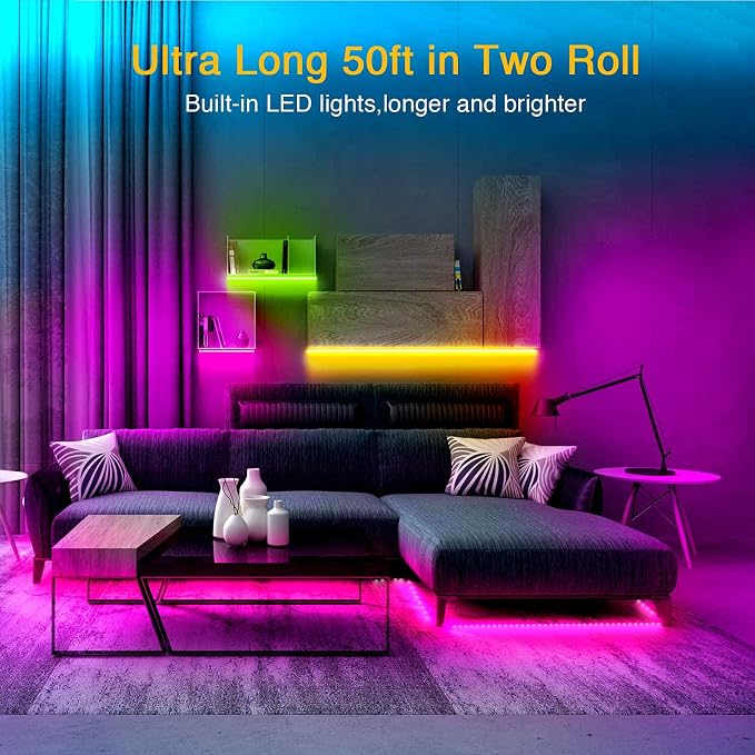VOLIVO 50FT LED Strip Lights for Bedroom RGB Color Changing | Bluetooth App Control, IR Remote, Music Sync, Room & Home Decor Lighting
