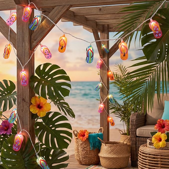 8.5Ft Tricolor Slipper String Lights, Outdoor Tropical Beach Themed Flip-Flop Light with 10 Plastic Bulbs, Summer Waterproof Hanging Slipper Lights for Outside Patio Garden Tent Party Decor, White