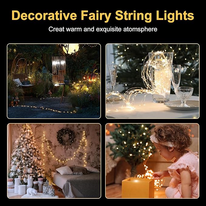 Fairy Lights Battery Operated String Lights 16.4ft 50LED Flashing and Constant Light Waterproof Silver Wire for Christmas DIY Party Wedding Decoration (Warm White, 8 Pack)