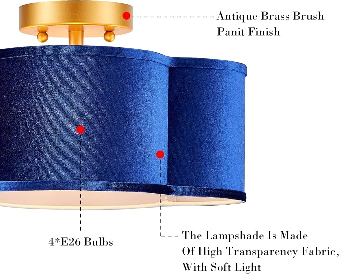 VILUXY Modern Semi Flush Mount Ceiling Light Fixture, Blue and Gold Ceiling Lights with Velvet Fabric Shade 4-Light Drum Ceiling Light Fixture for Bedroom Nursery Hallway Entryway Kitchen, UL Listed