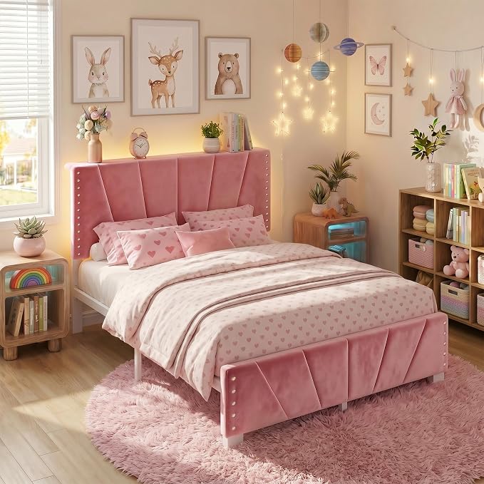 EnHomee Full Size Bed Frame with LED Lights & USB, Noise-Free, Pink | Adjustable Velvet Headboard，Under-Bed Storage，Heavy Duty Support with 12 Slats，No Box Spring Needed，Easy Assembly for Bedroom
