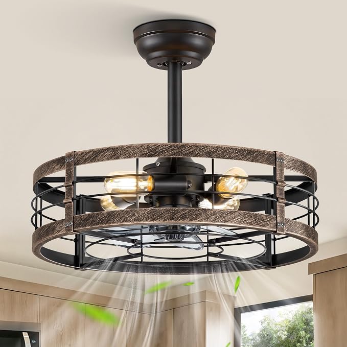 LEDIARY 20 inch Fandelier Caged Ceiling Fan with Light, Black Gold | 6 Speed Adjustable,Timing, Quiet & Powerful DC, Small, Farmhouse, Industrial, Enclosed, Bladeless, Bedroom, Kitchen, Downrod