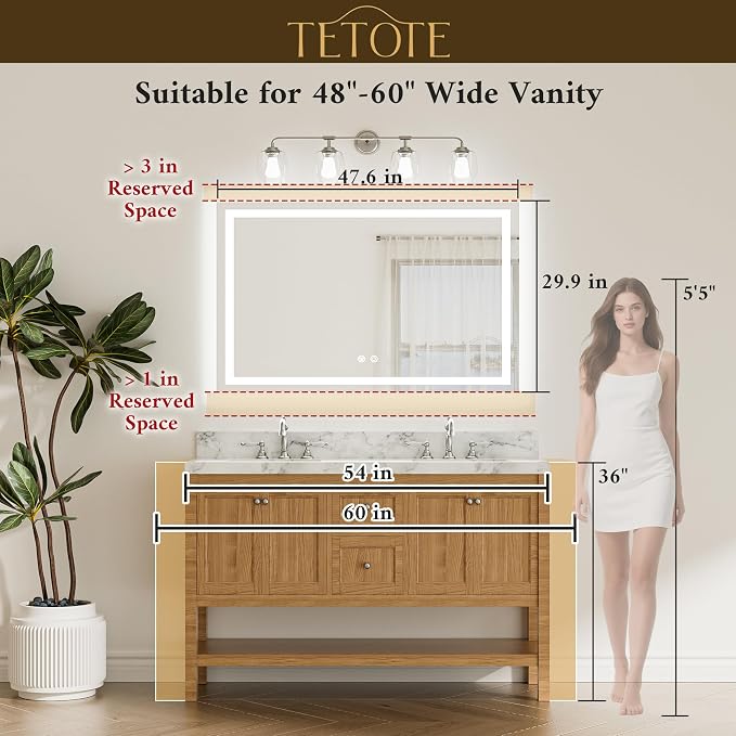 LED Lighted Bathroom Mirror with Lights 48 x 30 Brighter Front and Backlit Light up Mirror for Bathroom Wall, Illuminated Vanity Anti Fog Mirror, 3-Color Stepless Dimmable, Tempered Glass