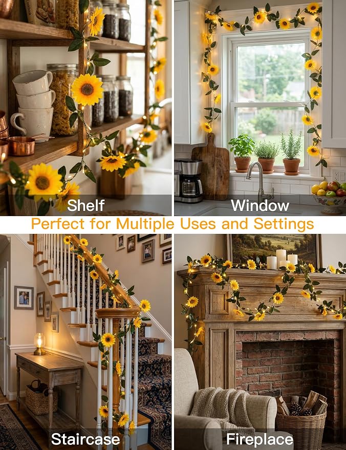 Sunflower Garland with 60LED Fairy Light Battery Operated Clear Wire | Vines with String Lights,with Remote,Flower Hanging Lights for Indoor,Outdoor,Bedroom,Wedding,Wall,Party (Warm White)