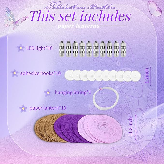 Chinese Paper Lanterns - Pack of 10, 12-Inch Purple/Gold Hanging Lights for Birthday Party Decorations, Ceiling Decor, Rainbow Classroom, Wedding, and Home Party