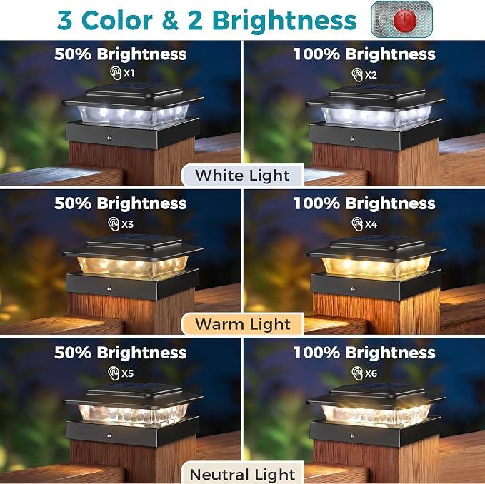 kolpop 4x4 Solar Post Cap Lights Outdoor 16Pack- 3 Color Temperatures& 2 Level Brightness, IP65 Waterproof, 16 LED Black Fence Deck Post Light Solar Powered for 4×4/3.5×3.5 Wood/Vinyl Posts