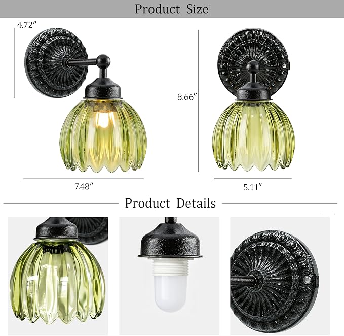 Battery Operated Wall Sconce, Vintage Wall Light, 2 Pack, Green Tulip Glass | Black Metal Base, 5200mAh Rechargeable, Dimmable LED, Remote Control, Cordless, Bedside, Bedroom, Doorway, Living Room