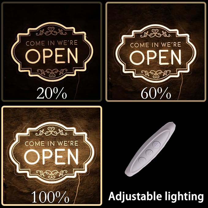 Open Neon Sign 17"x12.6", USB Powered LED Light for Store Decor | Come in we're Open Welcome Light for Restaurants, Cafes, Shops, Bars and Home Decor