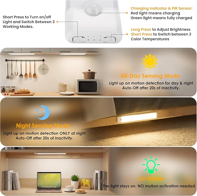 7.9 inch Motion Sensor Under Cabinet Light, 3 Color Temperature Dimmable Rechargeable Magnetic Closet Light Wireless Under Counter Light 5-Pack