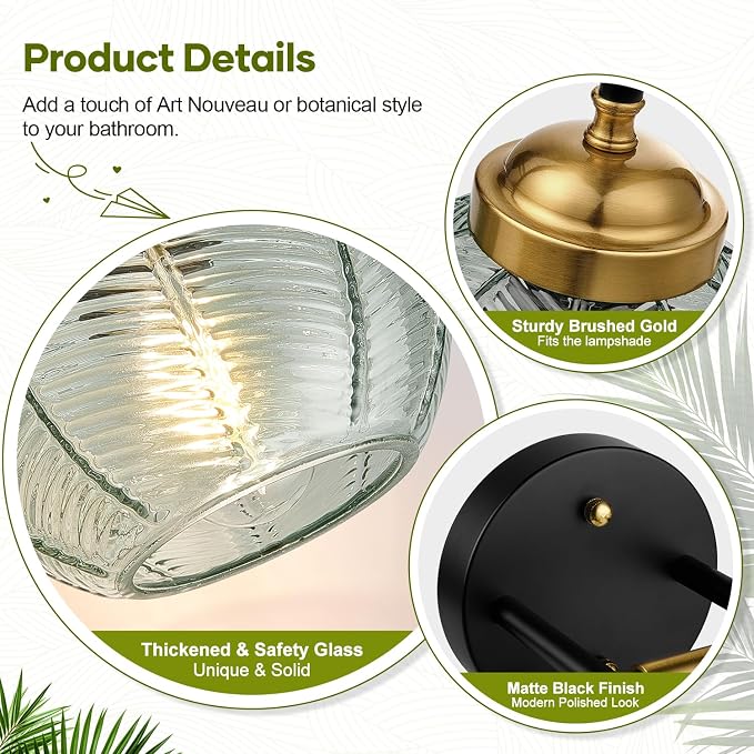 MOKATNG Bathroom Light Fixtures, 4-Light Green Vanity Lights with Unique Leaf Texture Glass Shade, Modern Matte Black and Gold Bathroom Wall Lamp for Mirror Hallway Cabinet Living Room