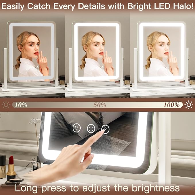 FENNIO Vanity Mirror with Lights - 15"x12.6" LED Lighted Makeup Mirror, Large Makeup Mirror with Lights, Touch Screen with 3-Color Lighting, Dimmable, for Vanity Desk Tabletop, Bedroom