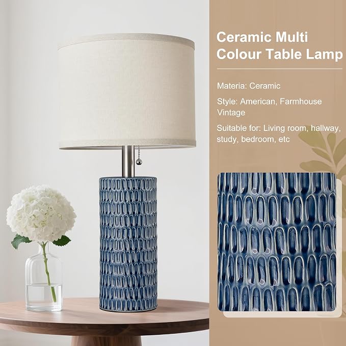 Reaketon 20.5" Modern Ceramic Table Lamps for Bedroom Set of 2, Bedside Lamps for Night Stands with Beige Lampshade, Farmhouse Table Lamp for Living Room Office Dorm, Blue