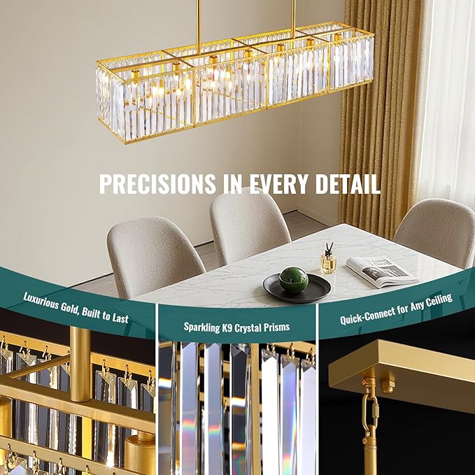 Siljoy Modern Crystal Chandelier 7-Light Rectangle Gold K9 Crystal Raindrop Chandelier Luxury Dimmable Linear Crystal Pendant Ceiling Light for Dining Room Living Room Kitchen Island L47''