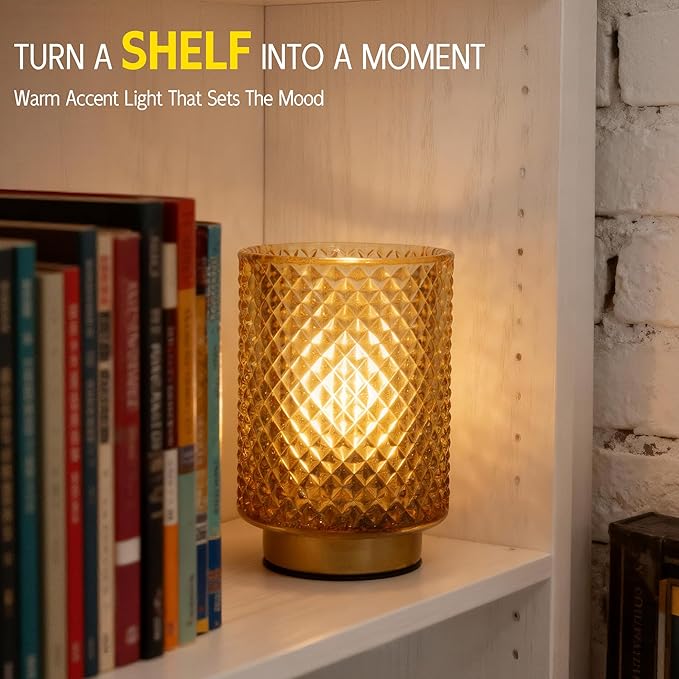 ULAROOM Battery Operated Decorative Lamp,1pack Amber | Cordless Glass Accent Lamp,6h off 18h on,Small Luxury Warm White Lamp for Bedside,Bookshelf,Entryway,Tabletop,Counter