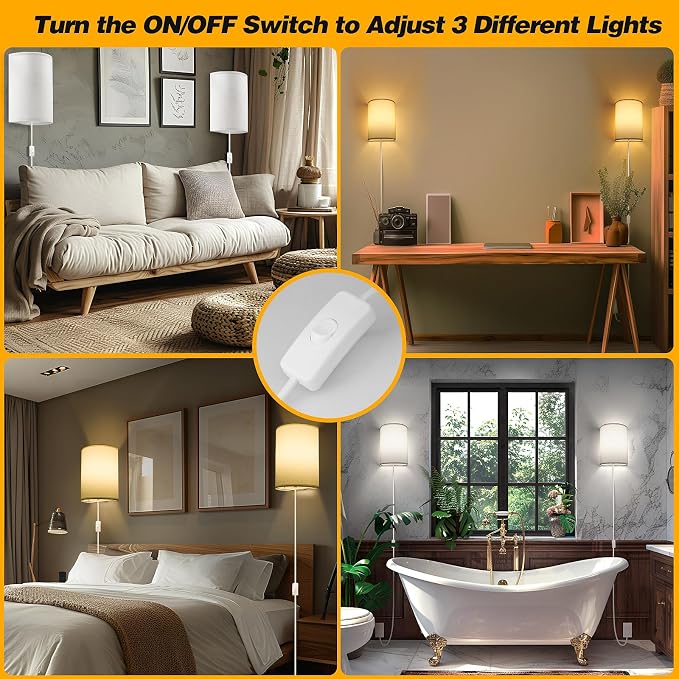 Plug in Wall Sconce, Industrial Wall Lamp with Plug in Cord | 3 Color Set of Two, Rustic Fixture, On/Off Switch Vintage Wall Light Fixture for Headboard Bedroom Porch (white)