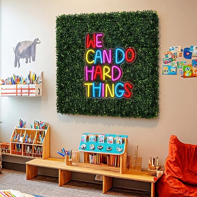 Thyle 10 Pcs Classroom Reading Corner Decorations Set We Can Do Hard Things | Neon Lights and 9 Pcs Artificial Grass Wall Panels Backdrop Decor for Back to School Library Teen Girls Bedroom