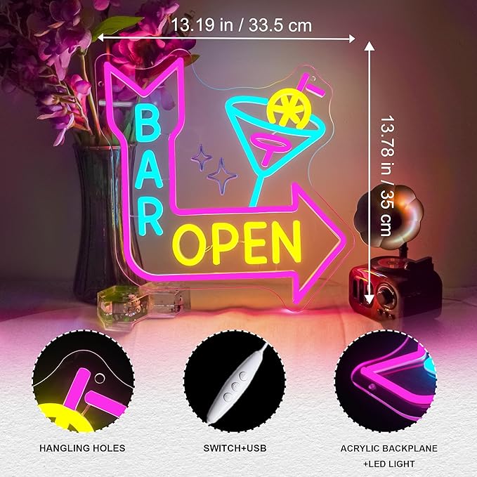 Bar Open Neon Sign for Business,Cocktails Led Pink Neon Lights, Neon Bar Signs for Wall Decor, Arrow USB Light Letter Sign Neon for Gift Store Beer Bar Restaurant Man Cave Hotel Window Cafe Bistro Club Halloween Party