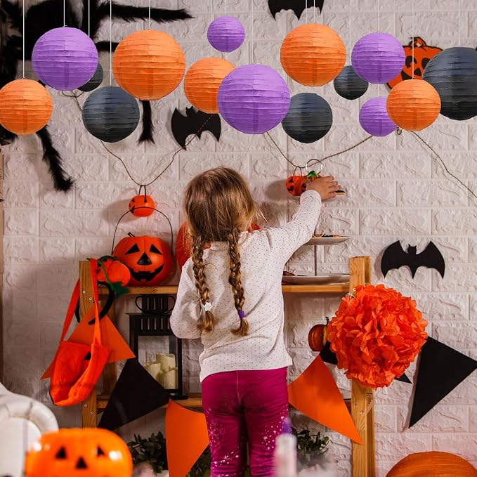 20Pcs Black Orange Purple Paper Lanterns for Parties, 6” 8” 10” 12” Chinese Asian Hanging Round Paper Lanterns for Birthday Wedding Halloween Christmas Home Decor Party Decor