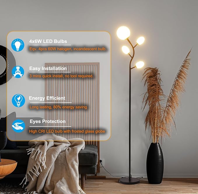 Fiqevs 4 Globe Floor Lamp for Living Room, Mid Modern Standing Tree Lamp | 3000K Warm White Light, 4 LED Bulbs Included, Sphere Ball Frosted Glass Shade Tall Lamp for Bedroom/Office, Matt Black