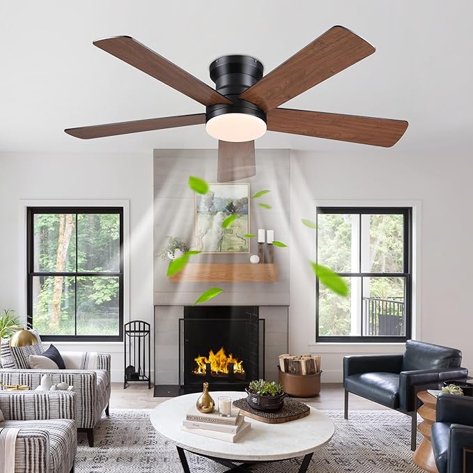 Flush Mount Ceiling Fan with Light and Remote/APP - 48" Low Profile Ceiling Fan with 3CCT Dimmable, 5 Reversible Blades, Modern Indoor Fan Light Fixtures for Bedroom, Kitchen