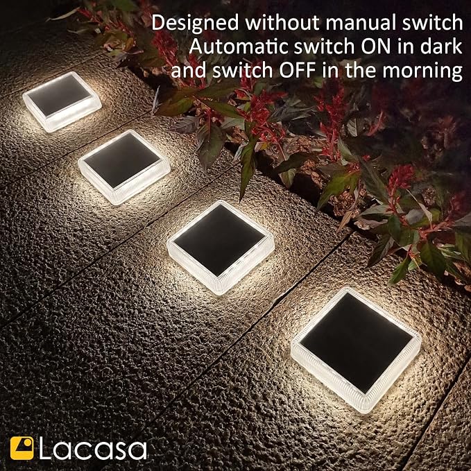 Lacasa Solar Deck Lights, 4 Pack 30LM LED Dock Lights Natural White 4000K, Outdoor Solar Powered Step Lights Light up All Night IP68 Waterproof Auto ON/Off for Garden Stairs Driveway Pathway Lighting