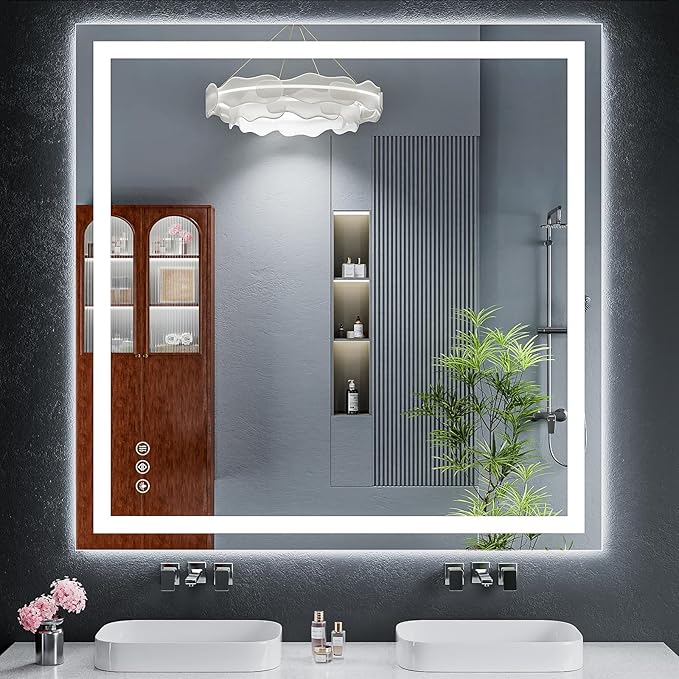 47"x47" LED Bathroom Mirror with Lights, Backlit+Frontlit, Anti-Fog | CRI 95, Stepless Dimmable, 3 Colors Lighting, Shatterproof Tempered Glass, HD Reflection, Memory, (Horizontal/Vertical)