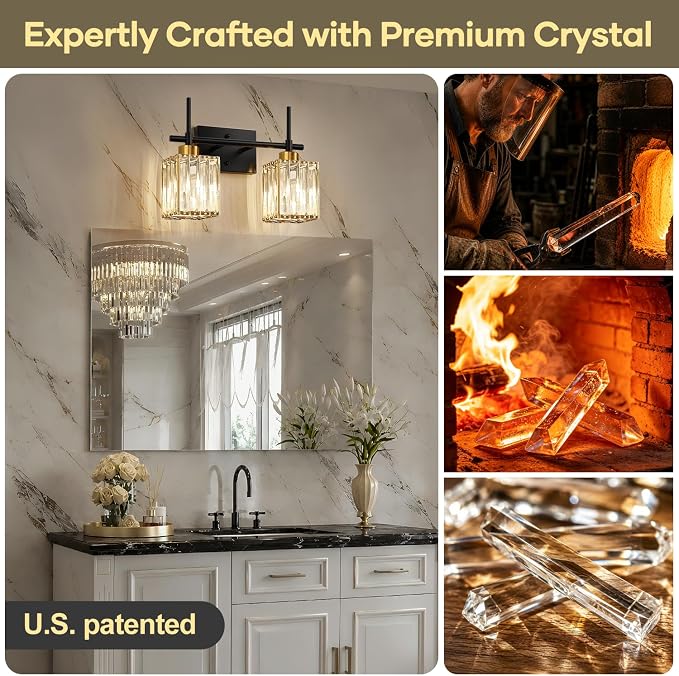 Torondo Modern Crystal Bathroom Vanity Light 2-Lights Gold Bathroom Light Fixtures Over Mirror Black and Gold Vanity Lighting Fixtures Gold Square Shade Brass Wall Sconce (Bulbs Not Include)