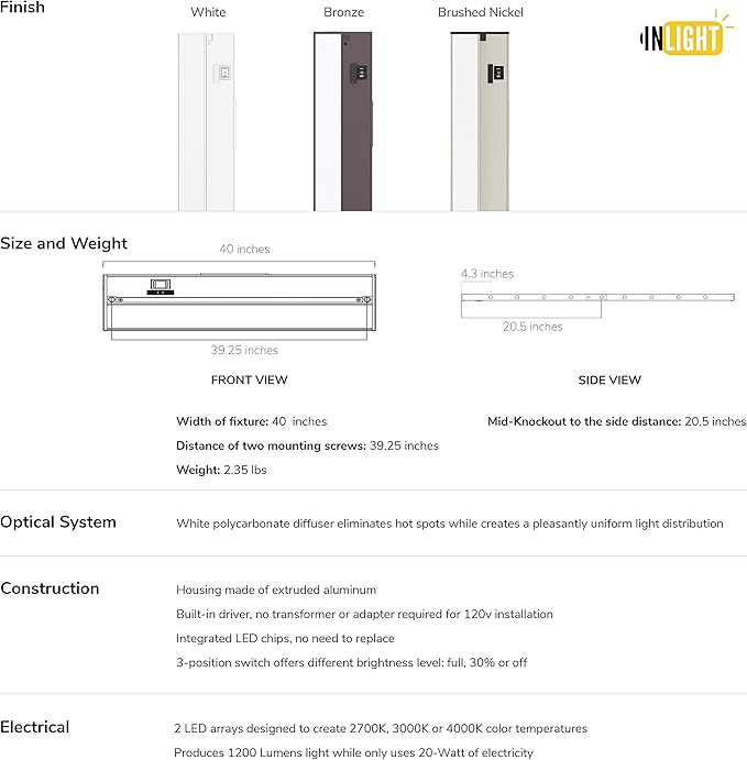 Getinlight 40-inch 3 Color Levels LED Under Cabinet Lighting, Hardwired or Plugged-in, Selectable White 2700K/3000K/4000K, Dimmable, Brushed Nickel Finished, IN-0210-5-SN