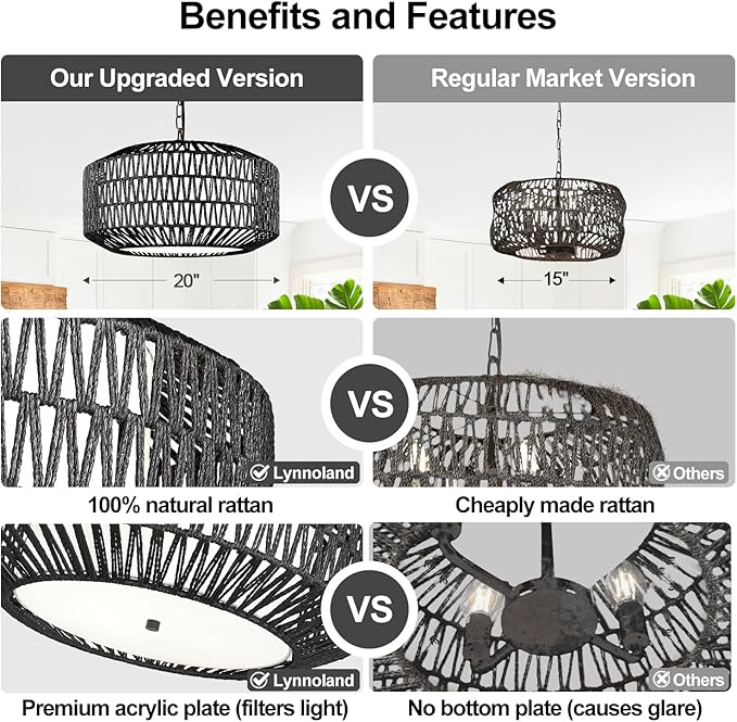 Farmhouse Chandelier Light Fixture, 5-Light Rattan Boho Chandeliers for Dining Room, Hand Woven Pendant Light with Linen Shade, Rustic Hanging Lighting for Kitchen Island, Bedroom (Bulb Not Included)